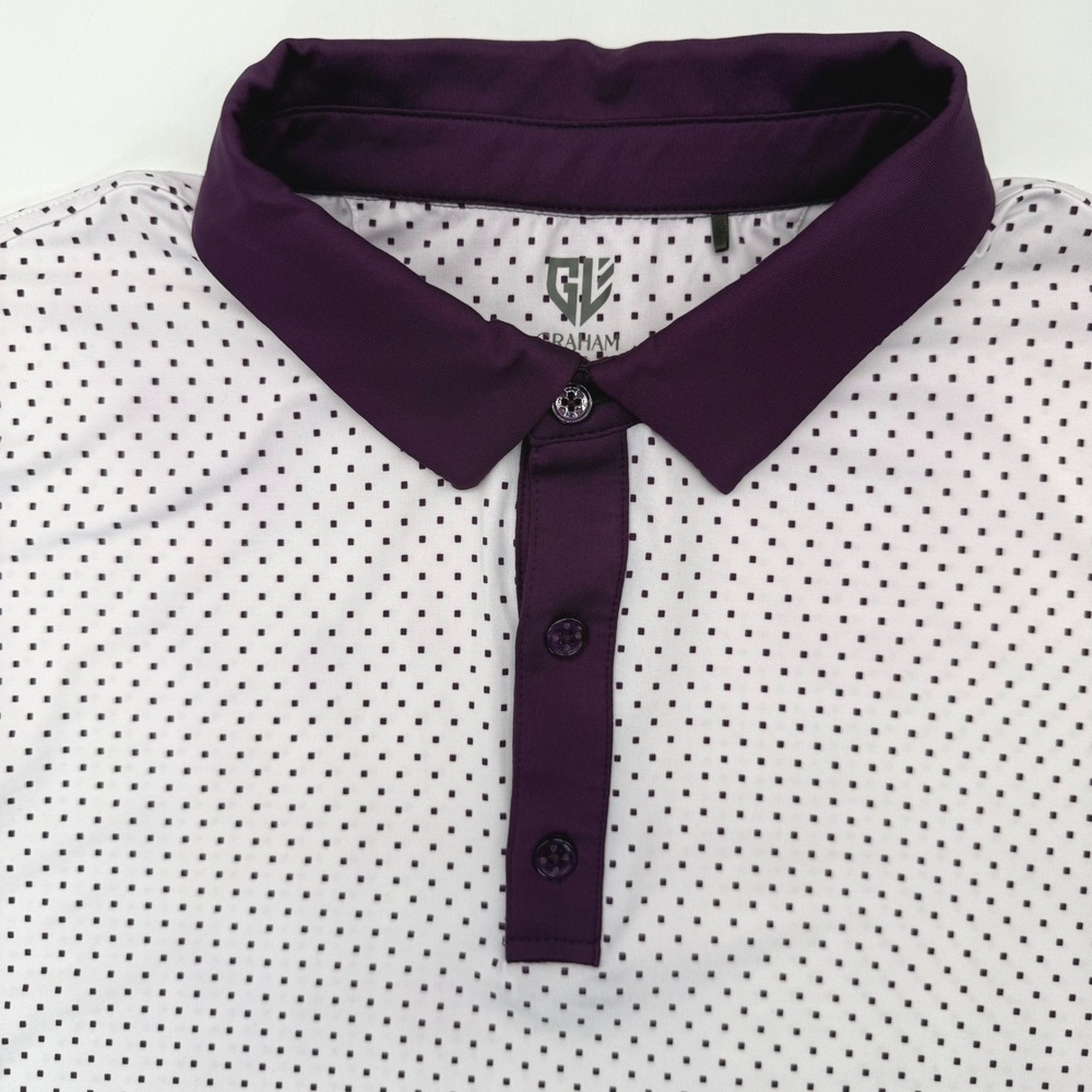 Graham Luxe Polo Men XL White Purple Micro Square Print Performance Stretch Golf